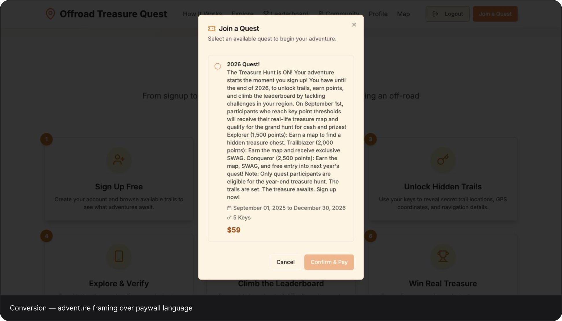 Join a Quest dialog showing the quest period, five keys, price, reward thresholds, and payment action