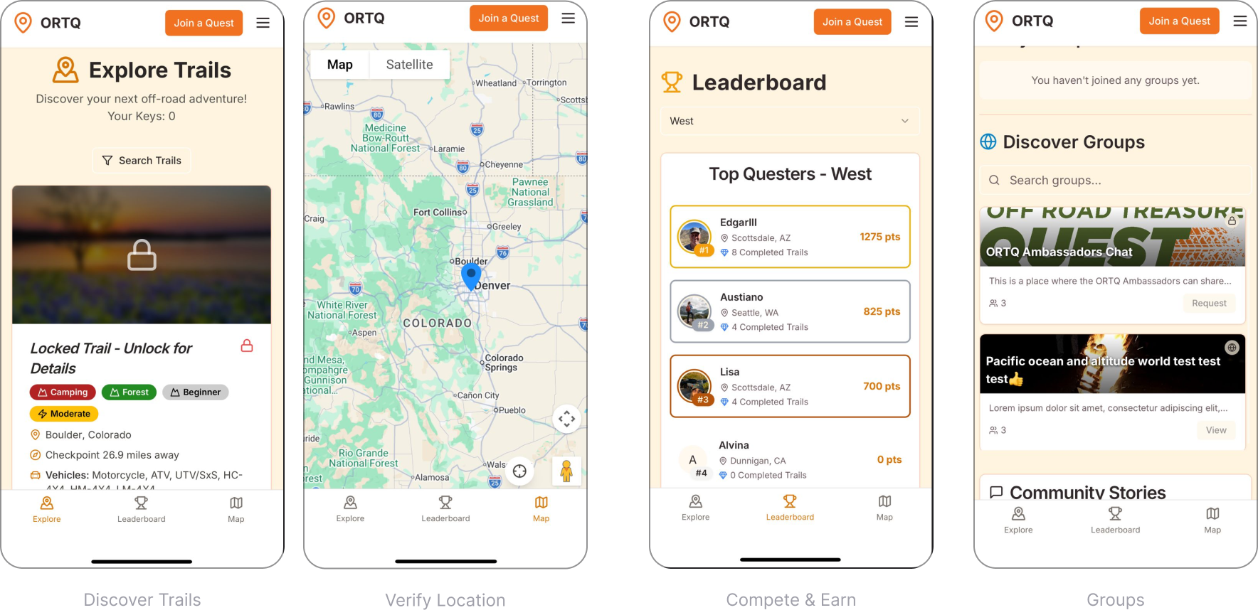 Four Off Road Treasure Quest mobile screens for trail discovery, map context, leaderboard progress, and community groups