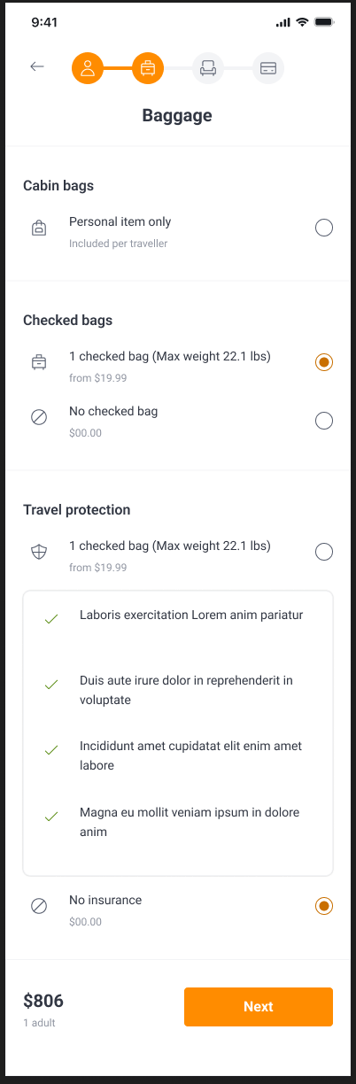 Flight checkout baggage and travel protection options