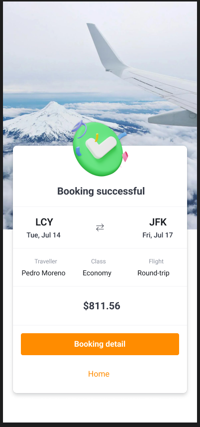 Successful flight booking confirmation with itinerary and total