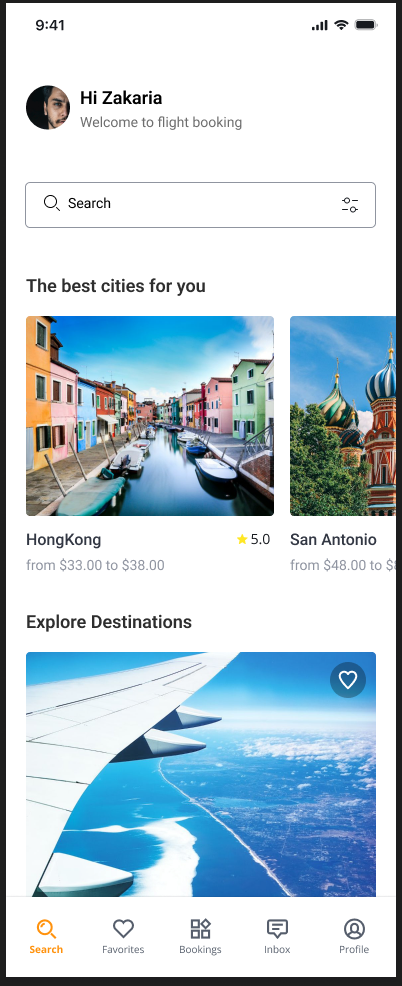 Travel discovery home with destination recommendations and a persistent navigation bar