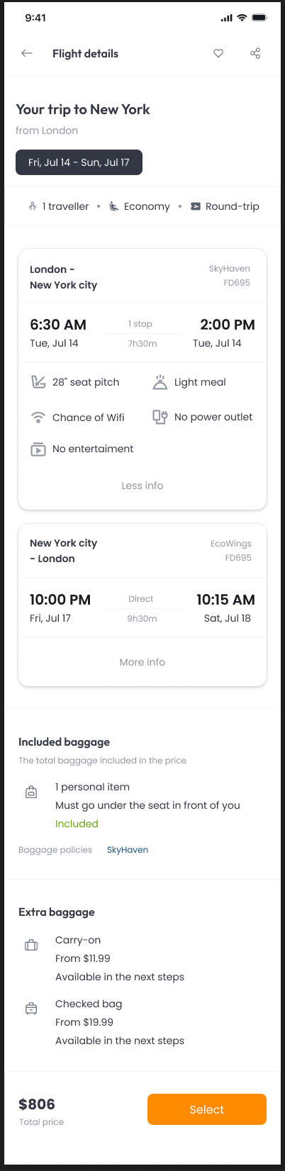 Expanded round-trip flight details with amenities and baggage information