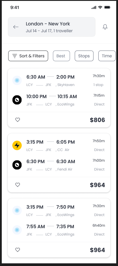 Flight search results comparing schedules, stops, airlines, and prices