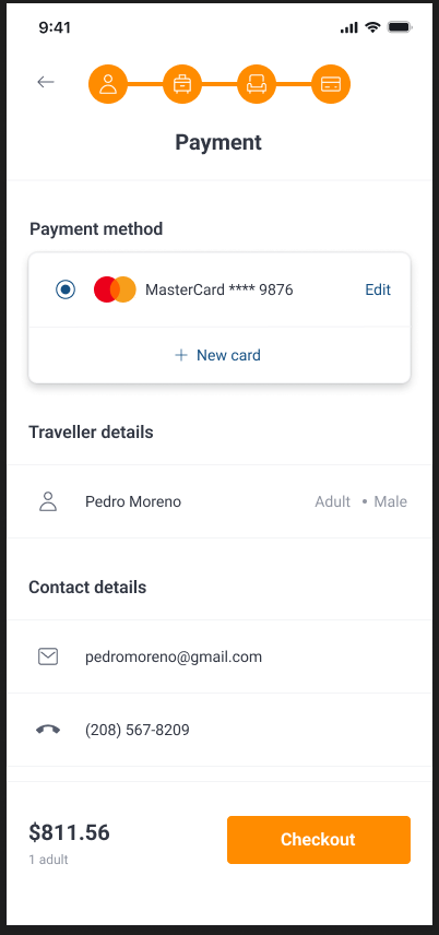 Flight payment review with traveler, contact, payment method, and total