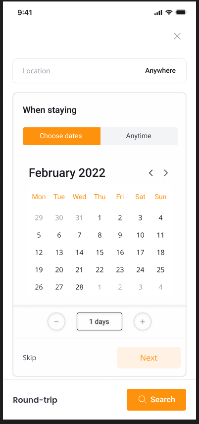 Travel search date selection calendar