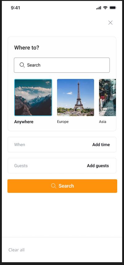 Travel search location step with regional suggestions