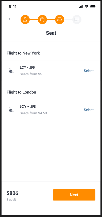Flight checkout seat-selection step for outbound and return flights