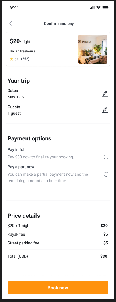 Accommodation checkout with dates, guests, payment options, and price details