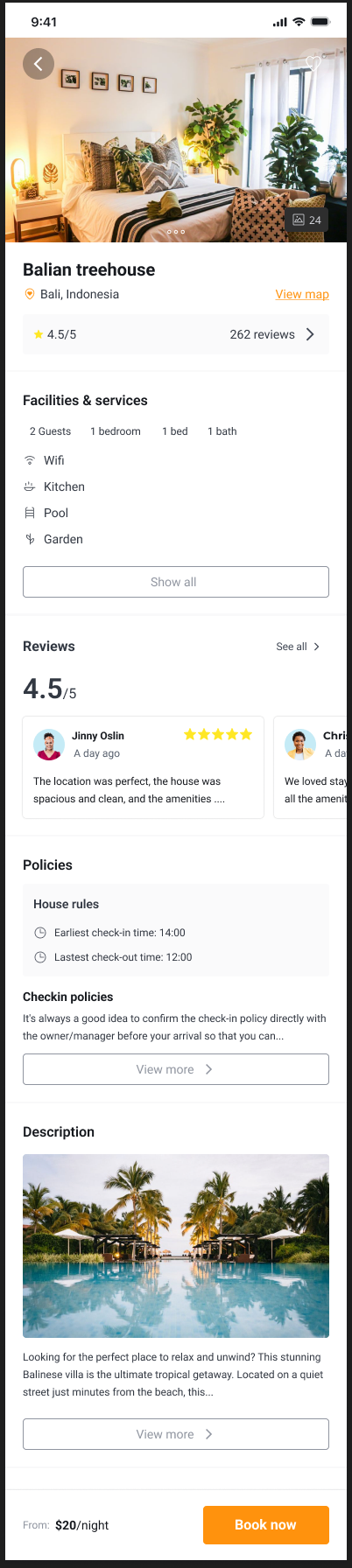 Accommodation detail page with photos, facilities, reviews, policies, and description