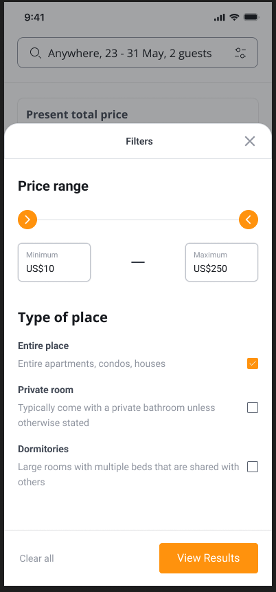 Accommodation filters for price and type of place