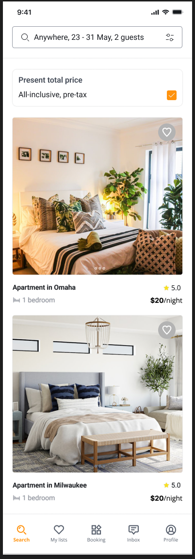 Accommodation search results with total-price controls and saved properties