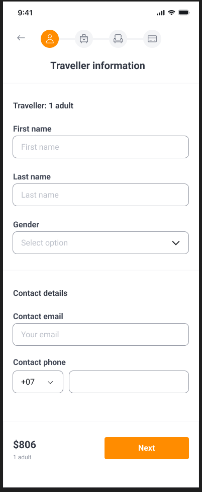Flight checkout traveler and contact information form