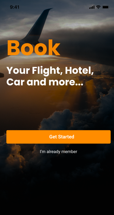 Travel application welcome screen over an airplane image