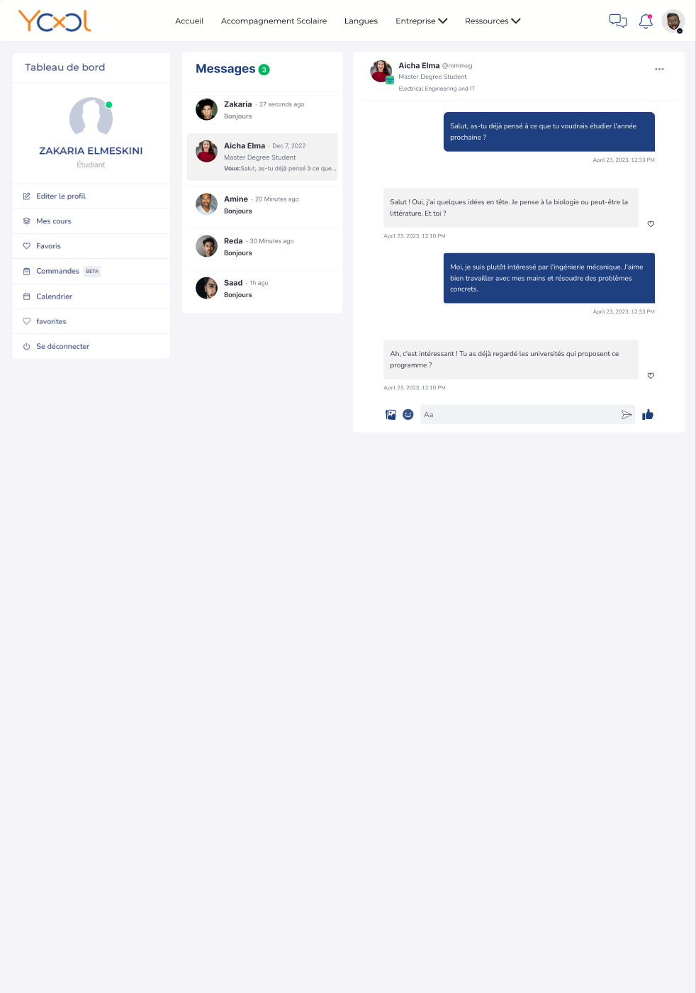 Yool messaging interface with conversation list and active learning discussion