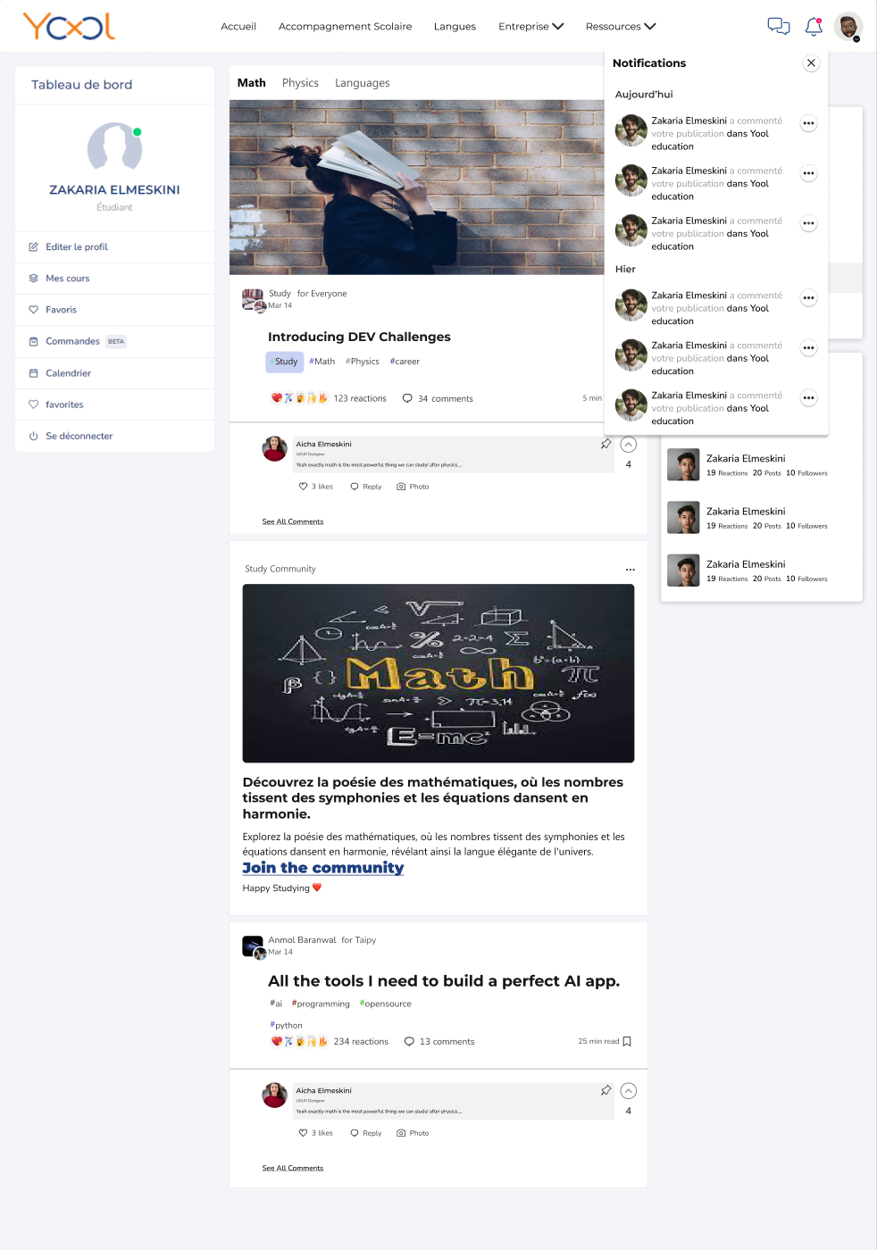 Yool learning notifications grouped by today and yesterday