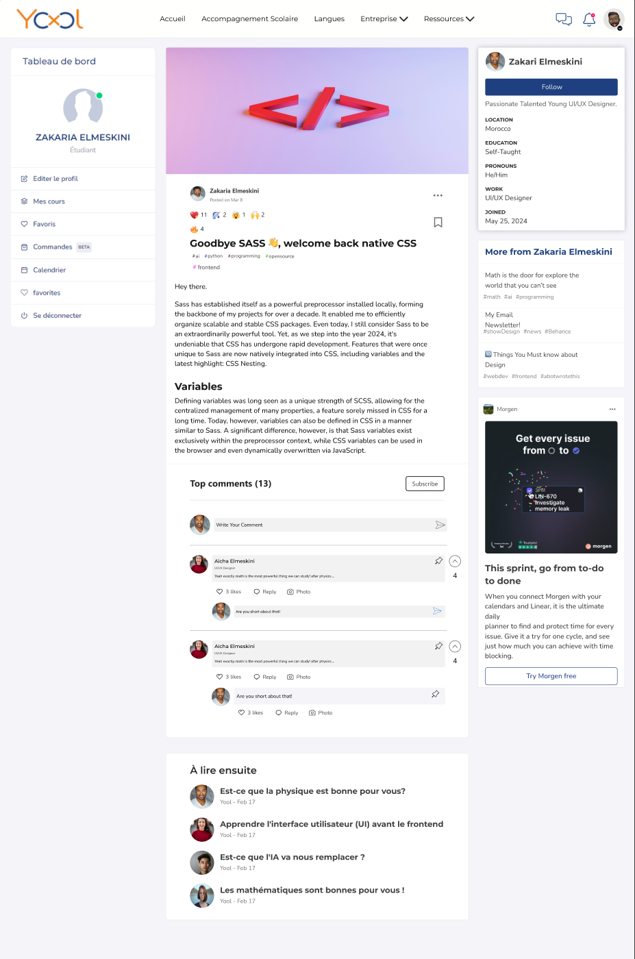 Yool post detail with article content, author information, discussion, and related reading