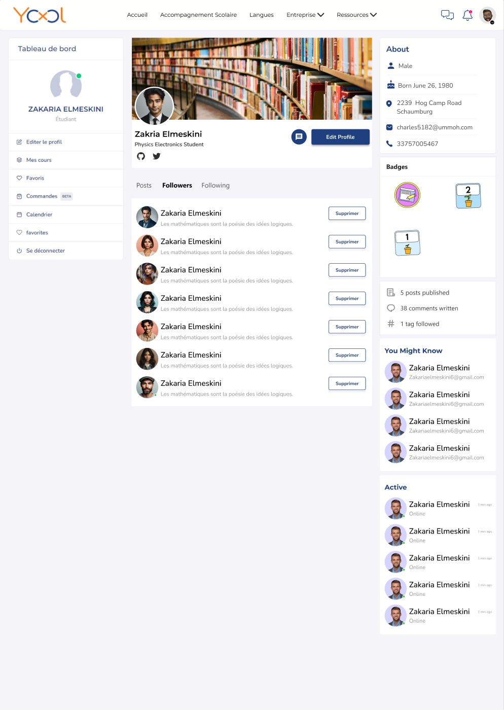 Yool learner profile showing followers