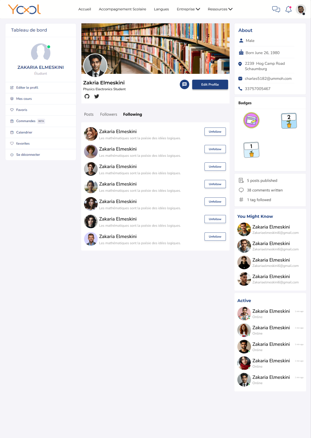 Yool learner profile showing followed people