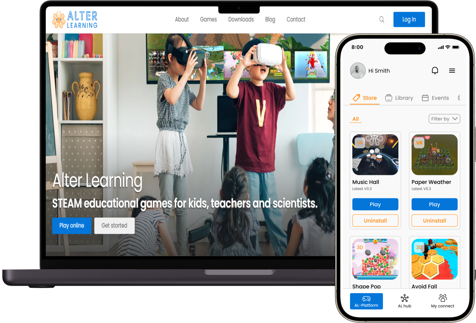 Alter Learning website and mobile game library shown in laptop and phone mockups