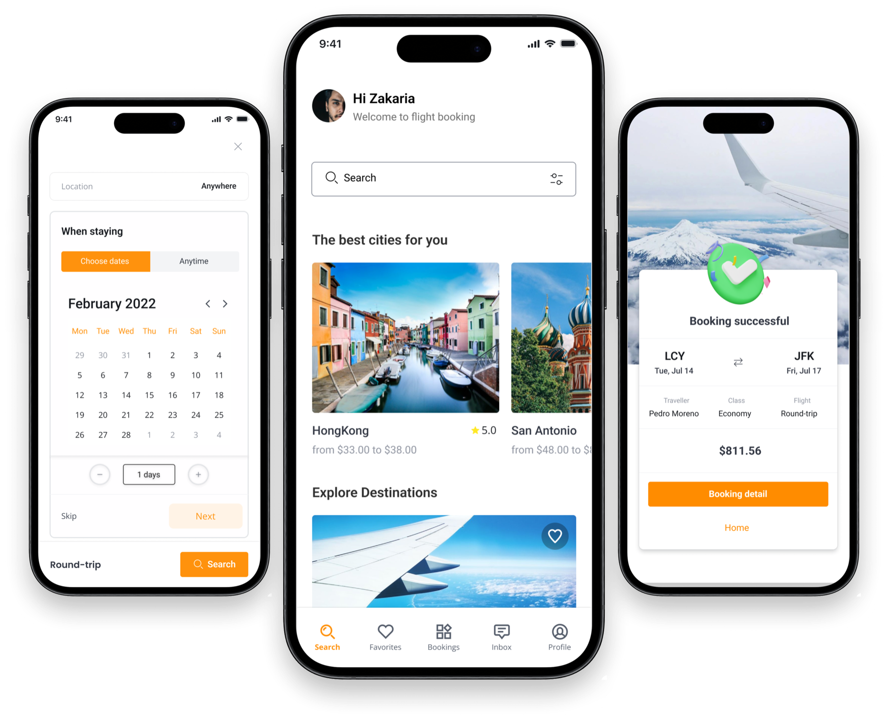 Three original Travel booking interfaces shown in iPhone mockups