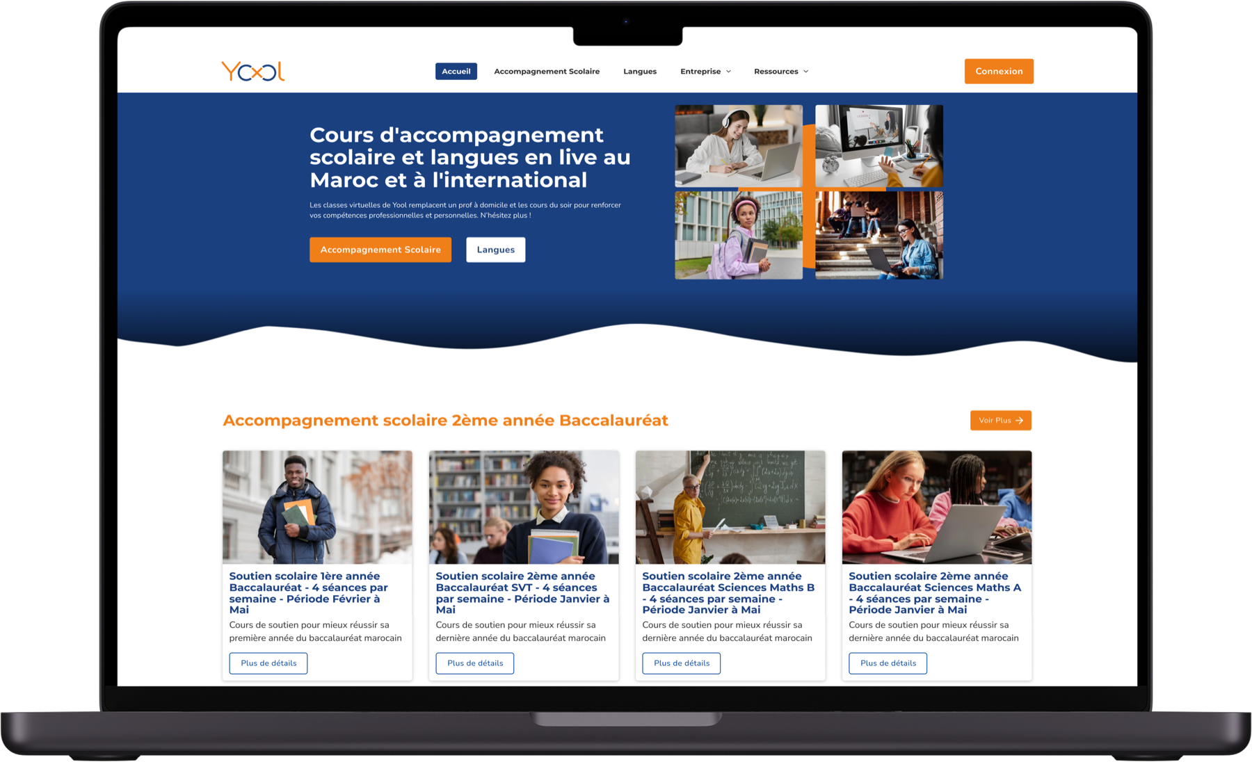 Yool Education marketplace interface shown in a laptop mockup