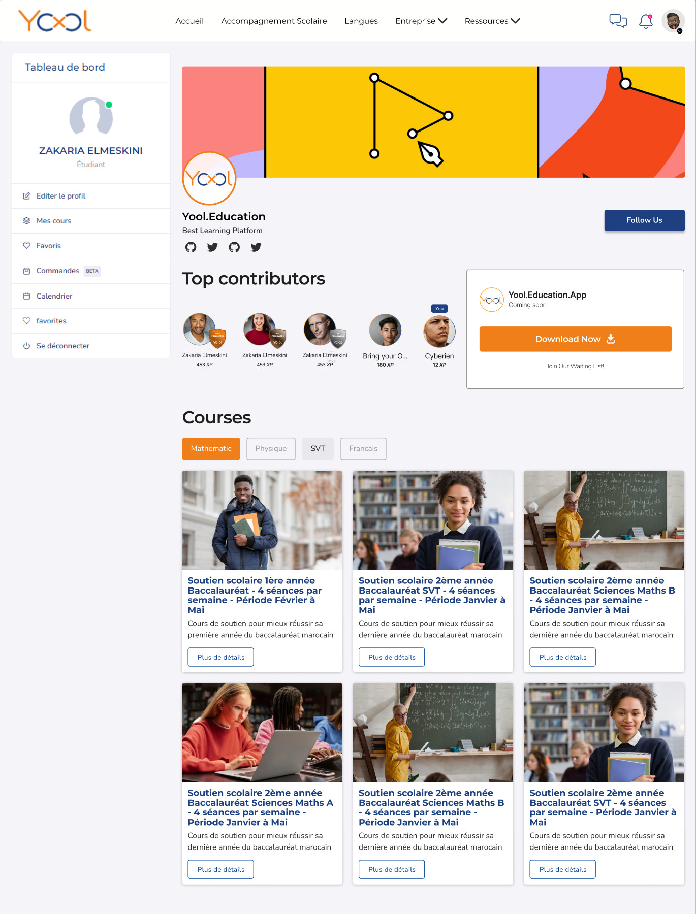 Yool Education community landing page with contributor ranking and course discovery